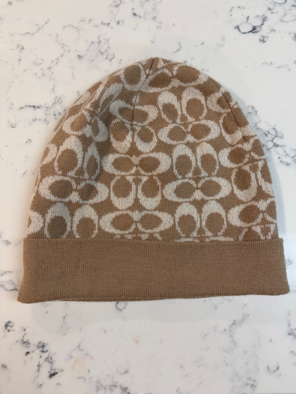 Coach Tan and Cream Signature Jacquard Beanie